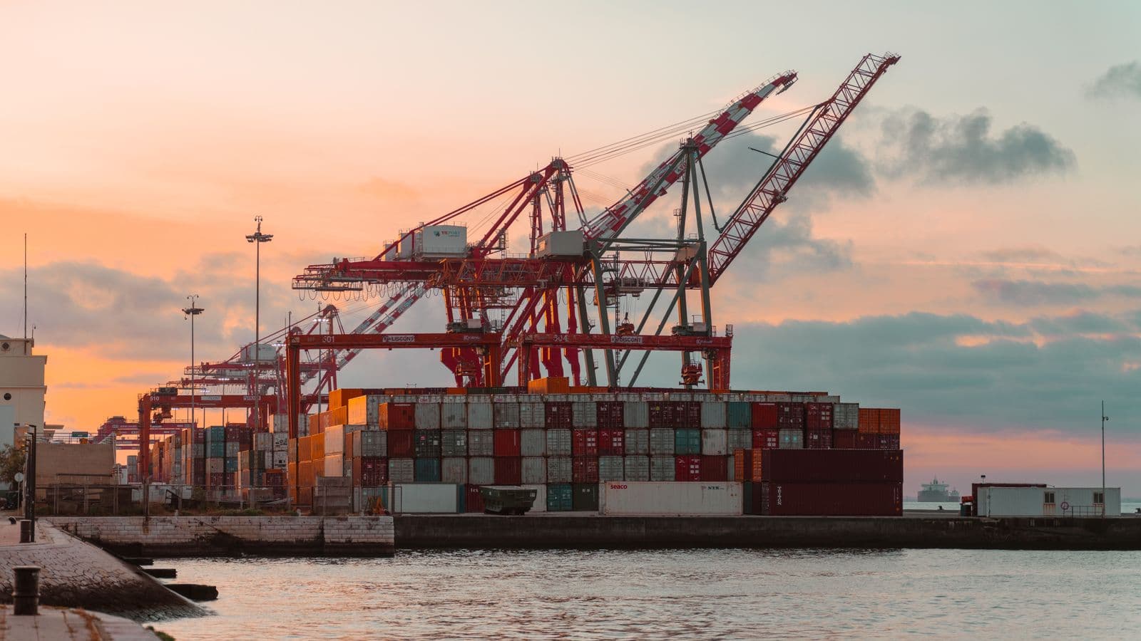 Grúas portuarias y contenedores al atardecer