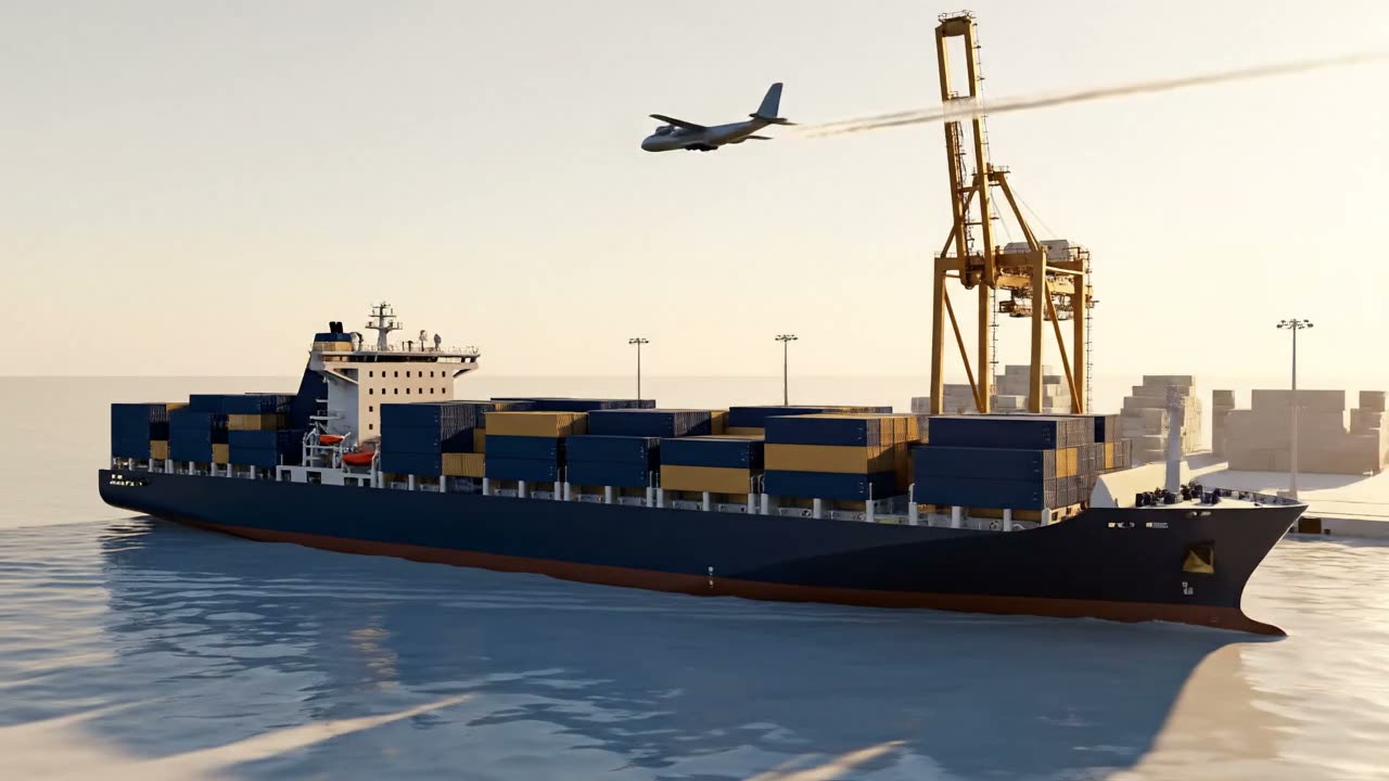 Buque portacontenedores navy y dorado de Stellaris llegando a puerto, con grúa pórtico y avión de carga en un cielo cálido